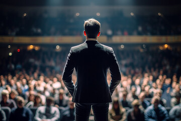 Back view of motivational speaker standing on stage in front of audience for motivation speech on conference or business event