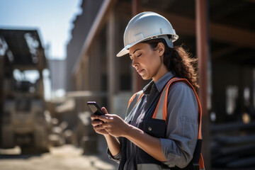 Beautiful construction manager in a white protective helmet and vest holding a phone on the background of construction. Construction business concept. generative ai
