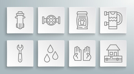 Set line Wrench spanner, Industry pipe and valve, Water drop, Rubber gloves, supply pipes, Laundry detergent, Heated towel rail and filter icon. Vector