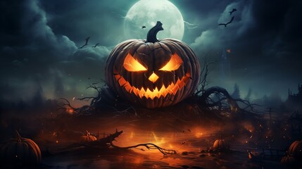 Naklejka premium Gloomy Halloween background with spooky pumpkins, spooky Halloween haunted mansion. Generated AI