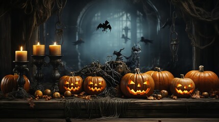 Gloomy Halloween background with spooky pumpkins, spooky Halloween haunted mansion. Generated AI