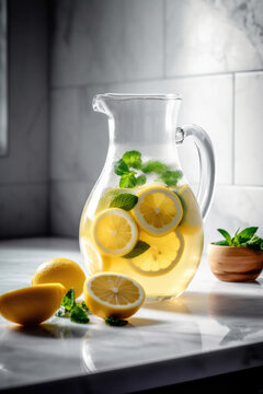 Glass Pitcher with Lemon Water or Lemonade on White Marble Counter, Generative AI