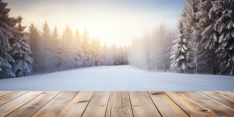 Winter background and empty wooden table and snow, Christmas card, Merry christmas and happy new year, Winter landscape, generative ai