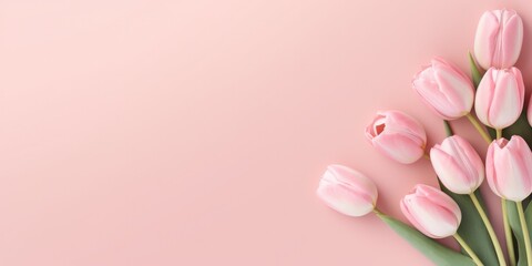 Top view tulip flowers on pink blank paper background, Copy space, Mother's Day Concept, Feminine concept, generative ai