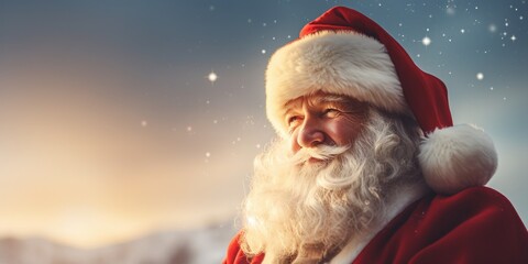 Merry Christmas and happy new year concept, Santa Claus in sunset snowy forest, Dreamy landscapes, generative ai
