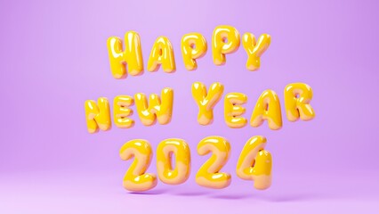 3d render of the text Happy New Year 2024 made of colorful splashes on pink background
