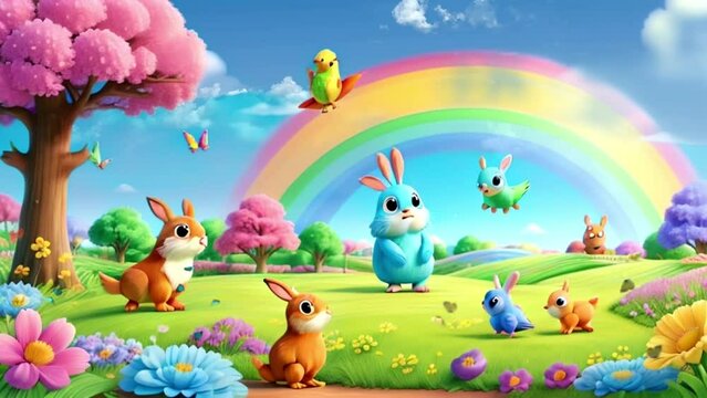 bunny character singing in a beautiful garden with a pretty rainbow and clear sky, suitable for kids music background, loop video, 4k