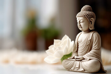 Buddha statue on a table, white lotus flowers on the background. The composition embodies the essence of zen and calmness. Atmosphere of meditation and harmony. Copy space