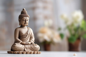 Buddha statue on a table, white flowers on the background. The composition embodies the essence of zen and calmness. Atmosphere of meditation and harmony. Copy space