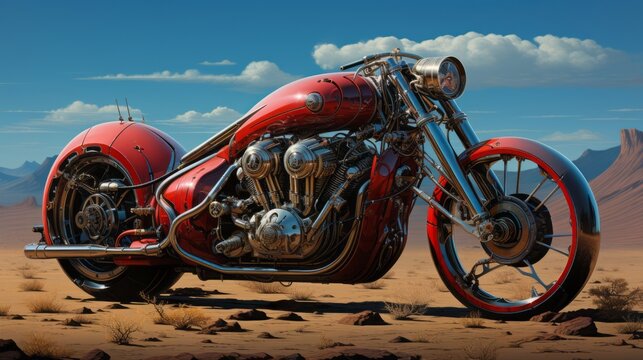 On a hot summer day, a powerful red chopper motorcycle sits parked in the desert, its engine rumbling and its wheels ready to carry its rider off on a journey of freedom and adventure under sky