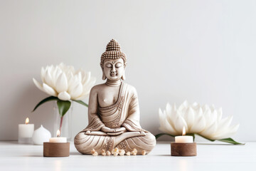 Buddha statue on a table with a candles, white lotus flowers on the background. The scene evokes tranquility and spiritual mindfulness. Copy space