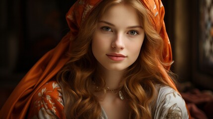 A woman with flaming red hair and a delicate scarf gracefully framing her face stands proudly in the light of the room, her strong features and bold beauty captivating the onlooker - obrazy, fototapety, plakaty