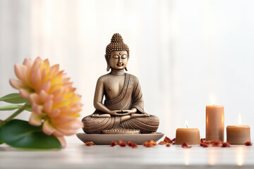 Serene Buddha figurine on a table amidst soft candlelight, surrounded by lotus flowers in a tranquil spa room. Aromatherapy and meditation concept. Copy space