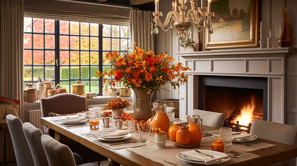 Dining room decor, interior design and autumn holiday celebration, elegant autumnal table decoration with candles and flowers, home decor and country cottage style