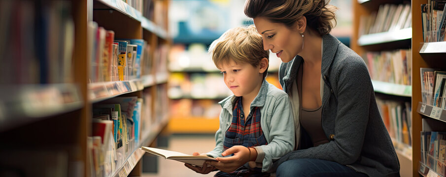 Child with mom choose book in bookstore, in the library. Generative AI