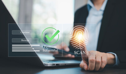 Online payment with digital marketing, Smartphone with banking online bill payment Approved concept button, credit card and network connection icon on business technology virtual screen background