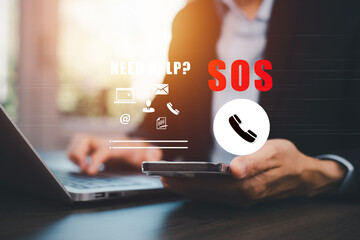 SOS with Emergency app concept, Business people using a laptop and touch bar Emergency app at home,...