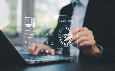 Hand using AI smart tablet with smart home app on the room, circular interface of the smart home automation assistant on the virtual screen and user touches the button, smart home digital interface