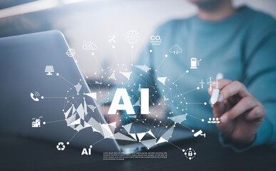 Programmer people working laptops or smartphones with AI, artificial intelligence software engineer coding on laptop computers with technology icons and binary code, big data, Ai bot digital machine