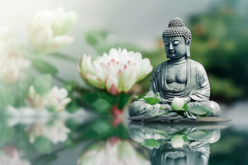 Buddha figurine on the water surface with reflection, surrounded by white lotus flowers. Scene evokes tranquility and spiritual mindfulness. Atmosphere of meditation and harmony