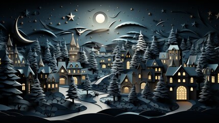 The full moon illuminates an intricately crafted paper village, evoking a sense of whimsical nostalgia and artistry