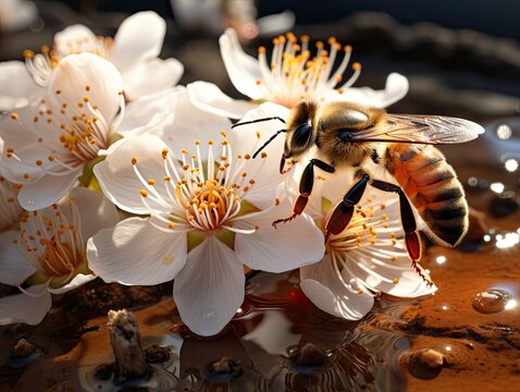Honey bee collecting nectar from flowers in water, closeup, 3d rendered.