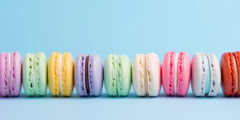 Foto op Plexiglas Macarons Pastel macaron or macaroon on light blue background from above, vintage card, generative ai