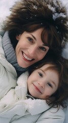 Mother and daughter lie in the snow. Generative AI