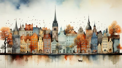 Wall murals Watercolor painting skyscraper A breathtaking watercolor painting depicting a majestic city skyline with an autumn sky reflecting in tranquil waters surrounded by tall buildings and lush trees