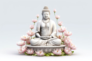 Buddha figurine among lotus flowers in a modern 3d style on a gray background. Concept of Atmosphere of meditation and harmony. Copy space
