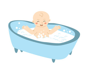 little baby take a bath in the blue bathtub