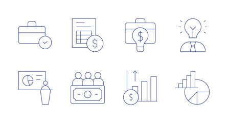 Business icons. editable stroke. Containing business, invoice, suitcase, pioneer, funds, statistics, pie chart.