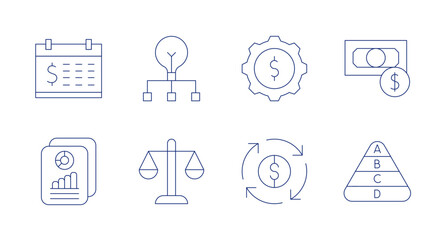 Business icons. editable stroke. Containing calendar, project management, gear, money, business report, balance, circular economy, maslow pyramid.