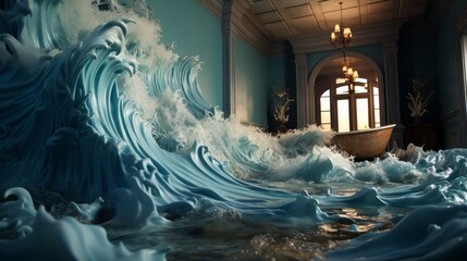 A painting of a wild and turbulent wave crashing through an indoor space captures the power of nature's unpredictability and beauty