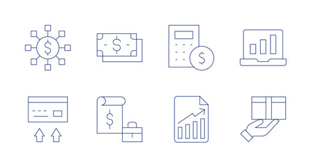 Business icons. editable stroke. Containing strategy, money, calculator, bar chart, transfer, report, business report, profit.