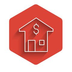 White line House with dollar symbol icon isolated with long shadow background. Home and money. Real estate concept. Red hexagon button. Vector
