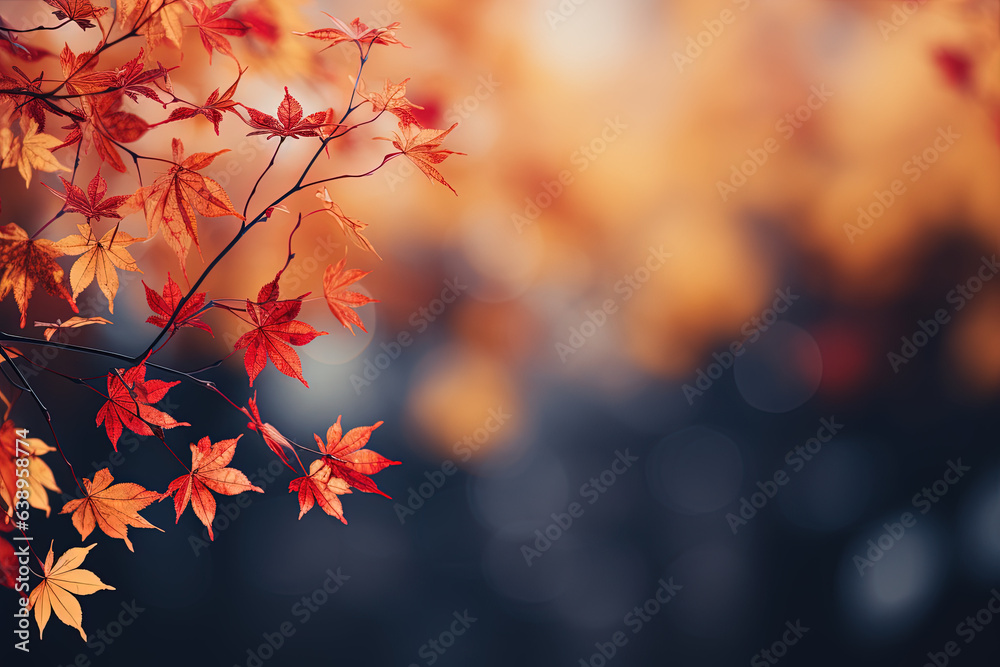 Wall mural autumn leaves and sunlight background with copy space for text: red and yellow maple leaves with sof