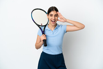 Handsome young tennis player caucasian woman isolated on white background with surprise expression
