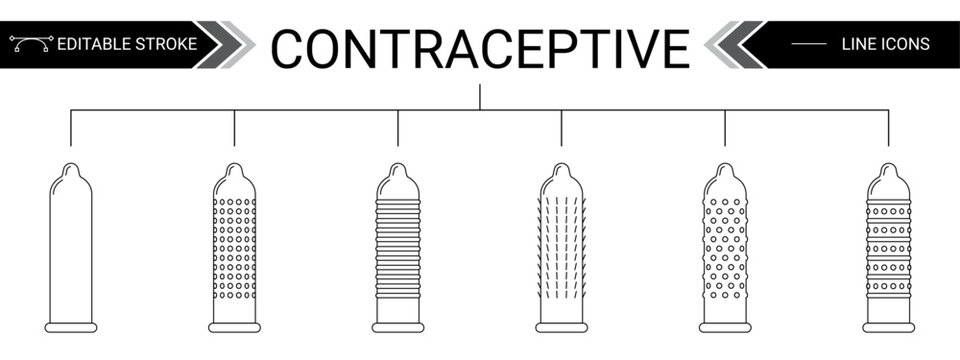 Set of contraceptive line icons. Types of condoms. Vector line icons. contraceptive methods icon pack