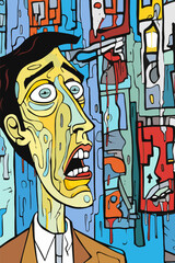 Colorful painting of a horrified Caucasian man on a city street. Artistic portrait of a guy in pain crying. Mental health issues concept