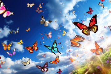 Colorful butterflies flying over green meadow with flowers and blue sky