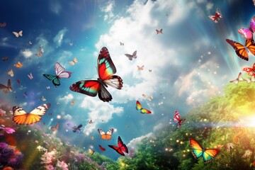 Fototapeta na wymiar Colorful butterflies flying over green meadow with flowers and blue sky