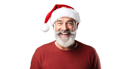 Fototapeta na wymiar man with a Santa hat and a beard, posing for a portrait, surprised and big smile, white mustache, red christmas sweater on white background, AI