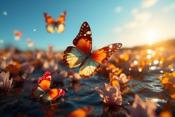 Colorful butterflies flying over green meadow with flowers and blue sky