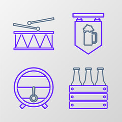 Set line Pack of beer bottles, Wooden barrel on rack with stopcock, Street signboard glass and Musical instrument drum and drum sticks icon. Vector