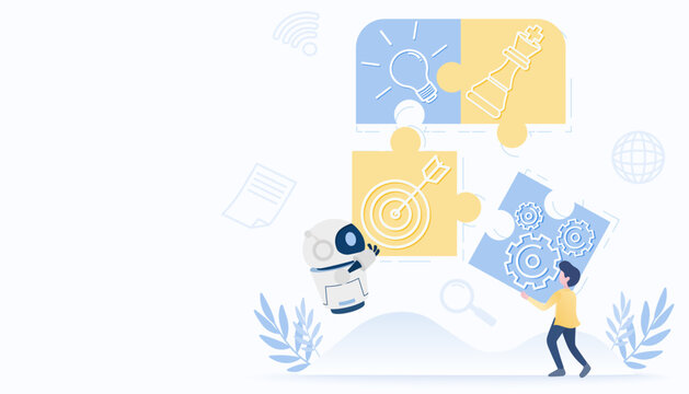 Artificial intelligence (AI) technology and assemble jigsaw puzzle strategy. Collaboration, tactical planning, solving problem, competition, opportunity, goals, target to business success.