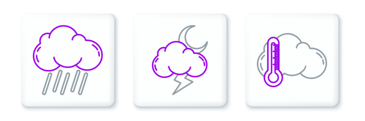 Set line Thermometer and cloud, Cloud with rain and Storm icon. Vector
