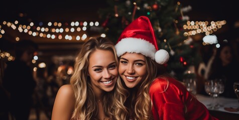 Fototapeta na wymiar Christmas party with beautiful young women. Generative AI