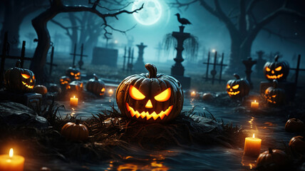 Pumpkins Cast a Mysterious Glow in the Moonlit Forest. Halloween background