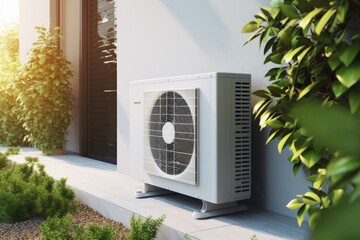 Air source heat pump installed at residential building outdoors